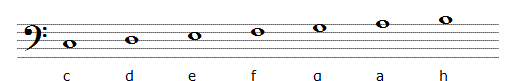 grafik mit bassschlüssel und den noten mit notennamen der kleinen oktave