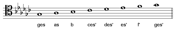 Zu sehen ist die tonleiter ges-dur mit notennamen im tenorschluessel